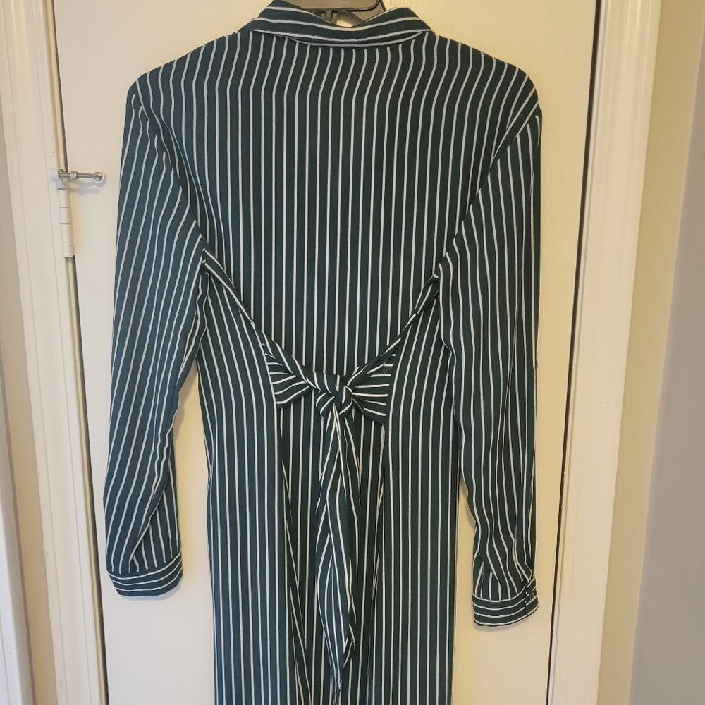 Suzanne Betro Green and White Striped Shift Shirt Dress - Picture 2 of 2